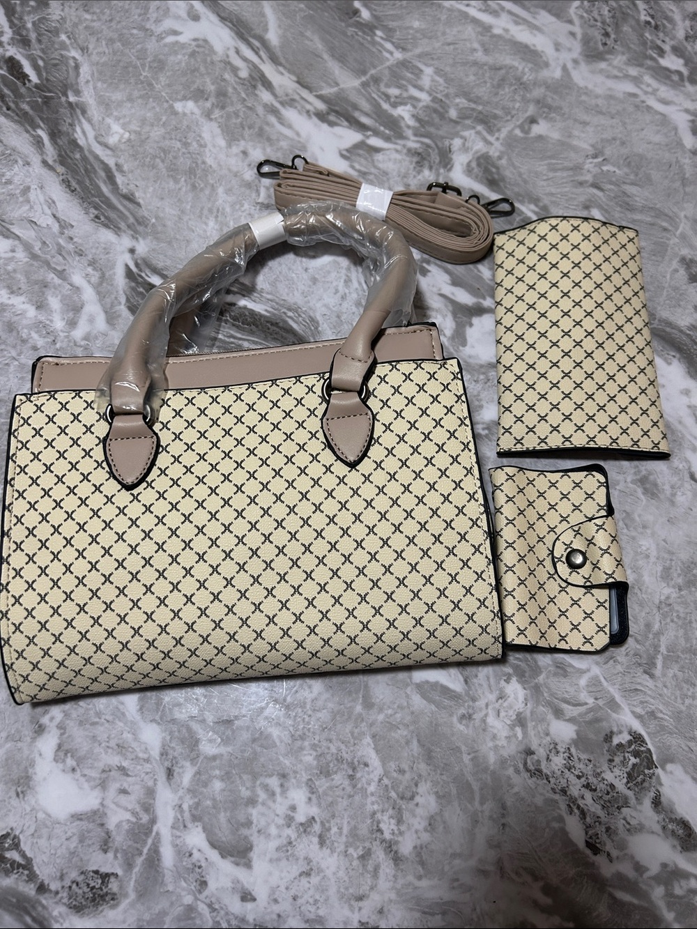 Beige Patterned Women’s Tote Handbag with Matching Wallets